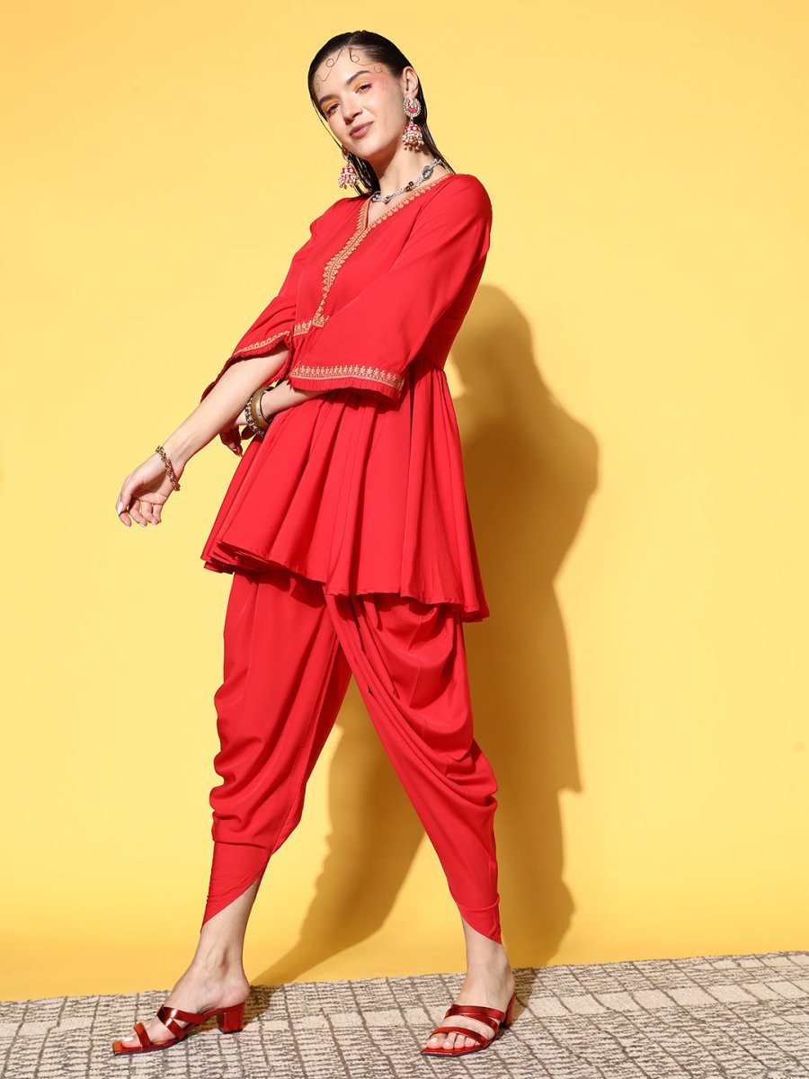 Ahalyaa Women Red Pleated Gotta Patti Kurti with Dhoti Pants | Swadesiicart