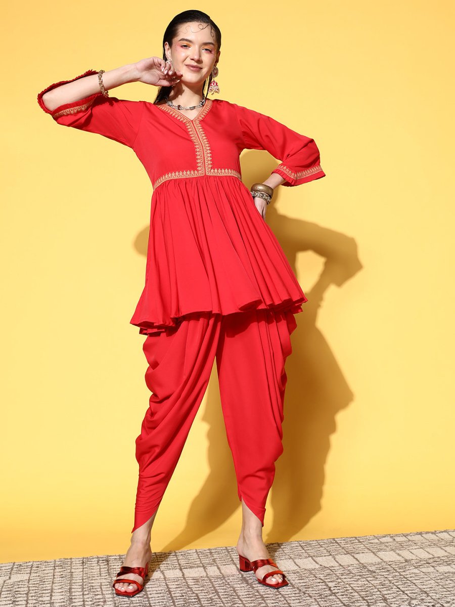 Ahalyaa Women Red Pleated Gotta Patti Kurti with Dhoti Pants | Swadesiicart