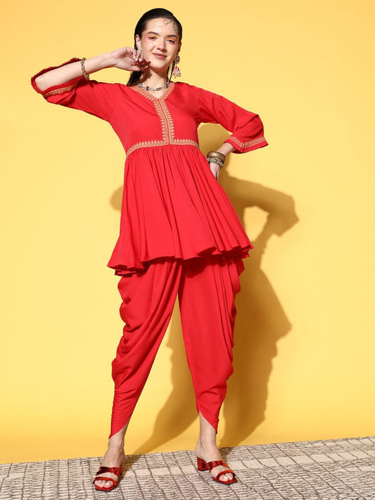 Ahalyaa Women Red Pleated Gotta Patti Kurti with Dhoti Pants | Swadesiicart