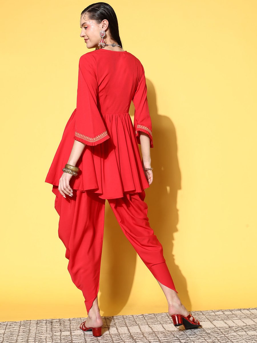 Ahalyaa Women Red Pleated Gotta Patti Kurti with Dhoti Pants | Swadesiicart
