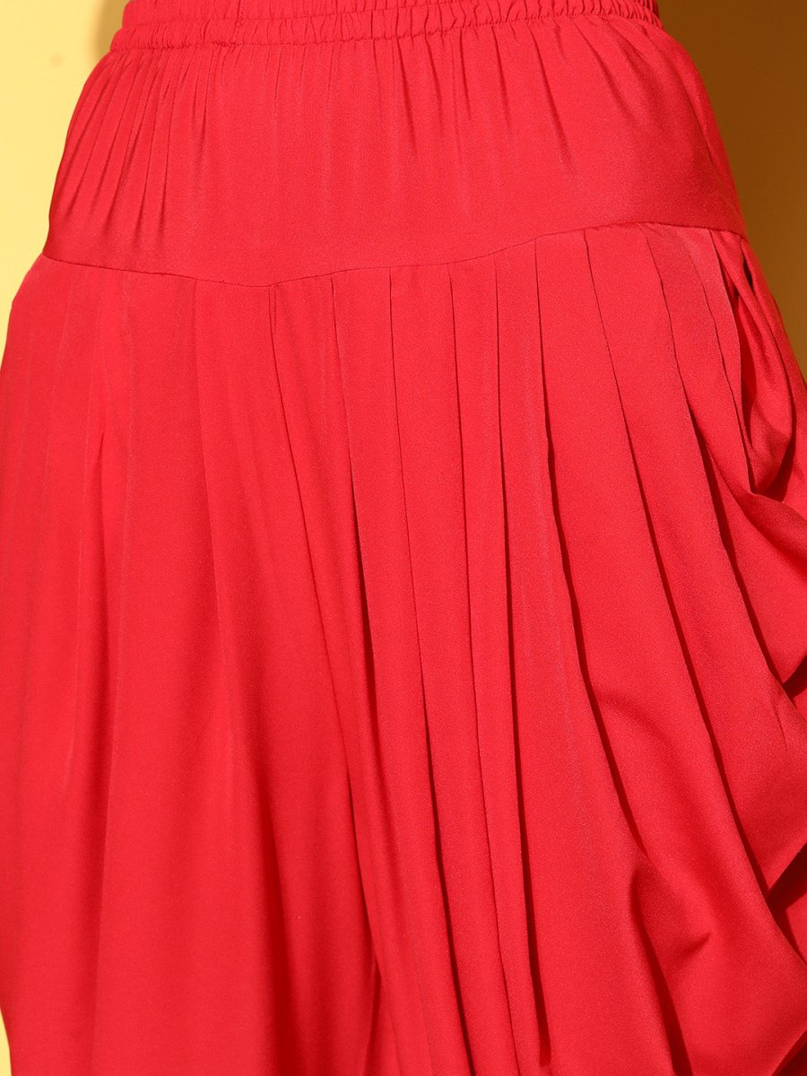 Ahalyaa Women Red Pleated Gotta Patti Kurti with Dhoti Pants | Swadesiicart