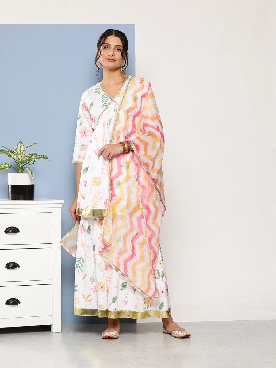 Ahalyaa Women White Floral Printed Pleated Kurta with Sharara & With Dupatta | Swadesiicart