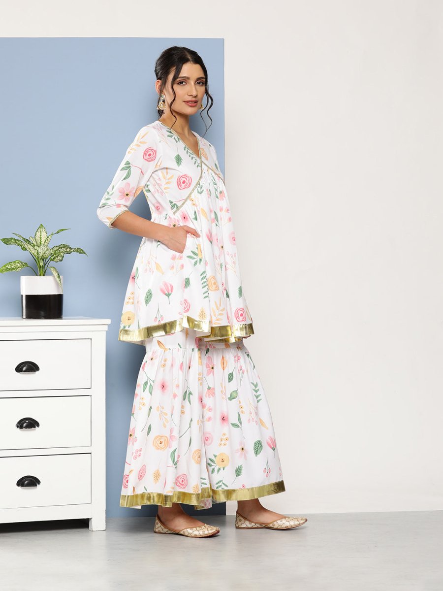 Ahalyaa Women White Floral Printed Pleated Kurta with Sharara & With Dupatta | Swadesiicart