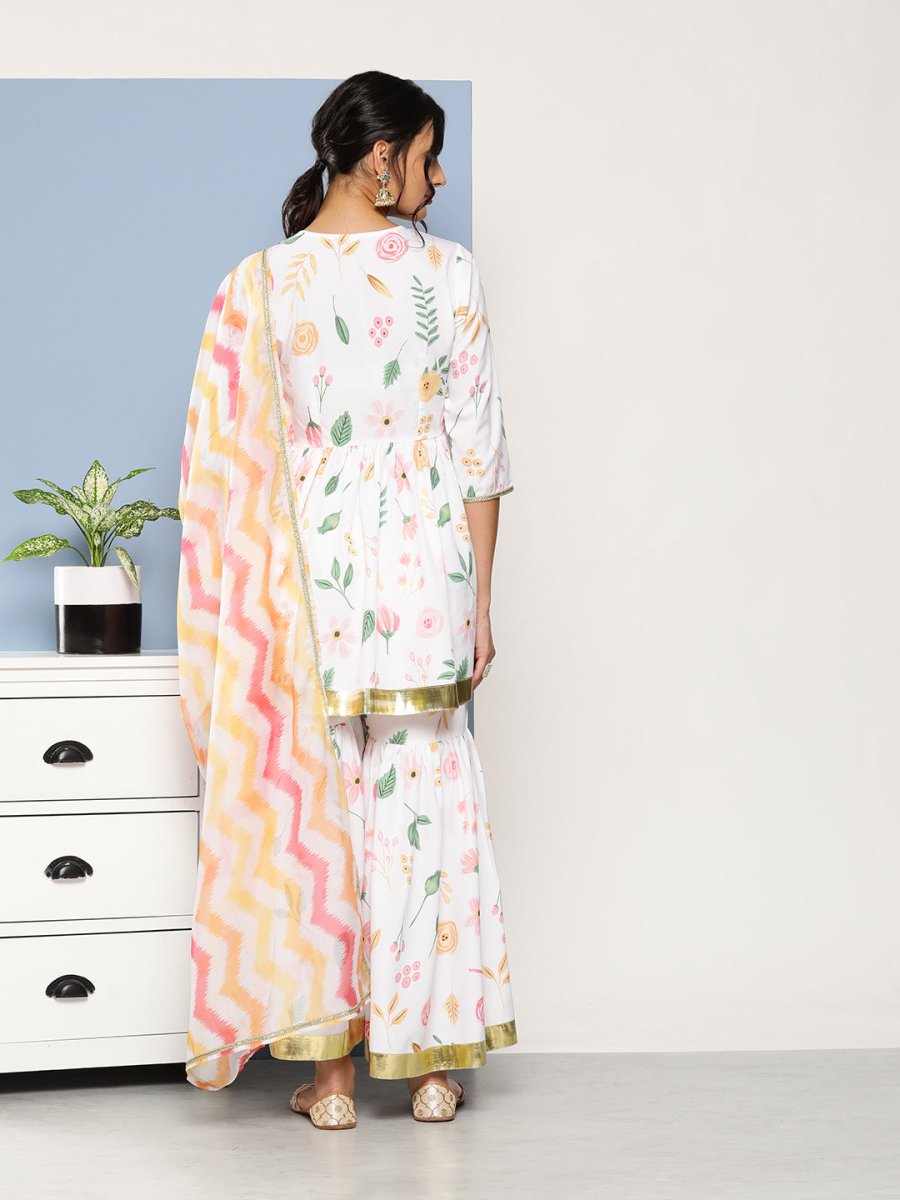 Ahalyaa Women White Floral Printed Pleated Kurta with Sharara & With Dupatta | Swadesiicart