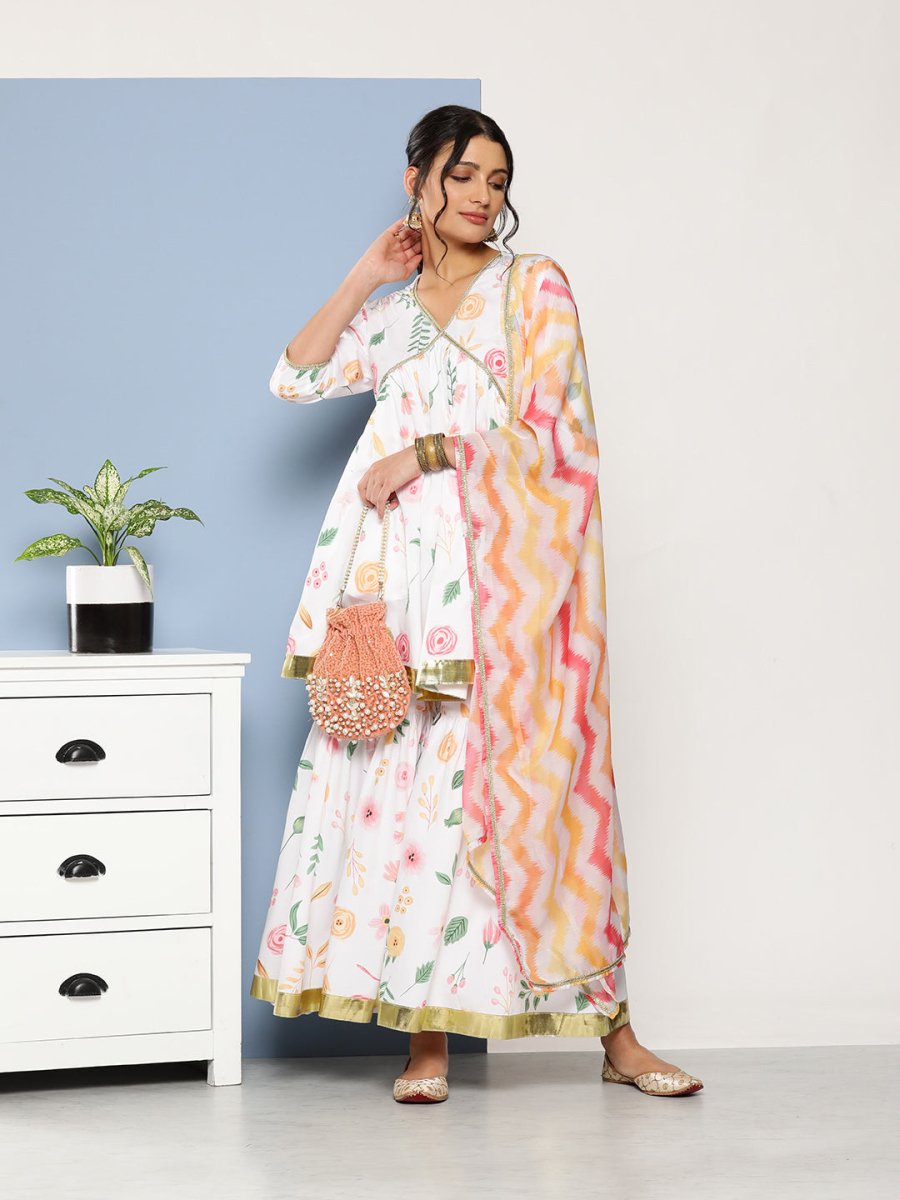 Ahalyaa Women White Floral Printed Pleated Kurta with Sharara & With Dupatta | Swadesiicart