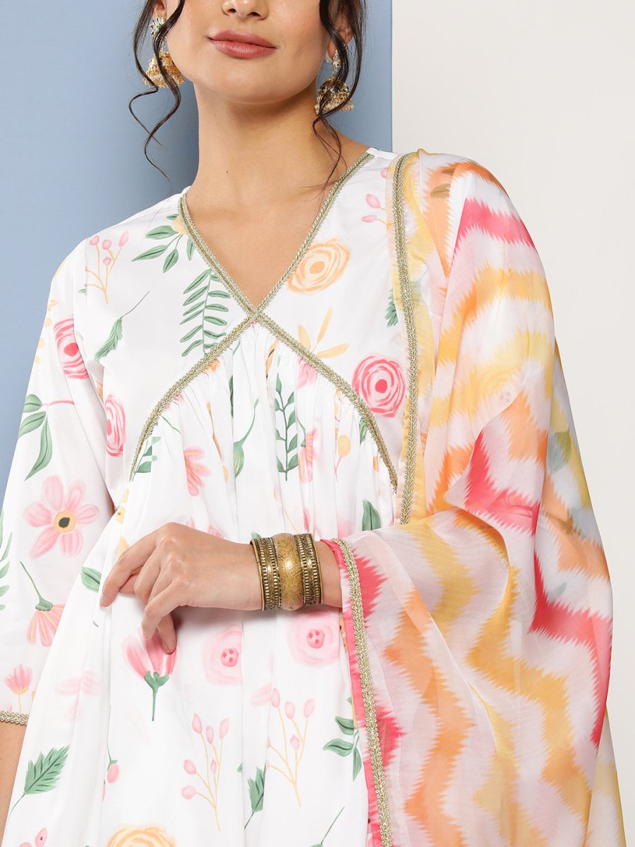 Ahalyaa Women White Floral Printed Pleated Kurta with Sharara & With Dupatta | Swadesiicart