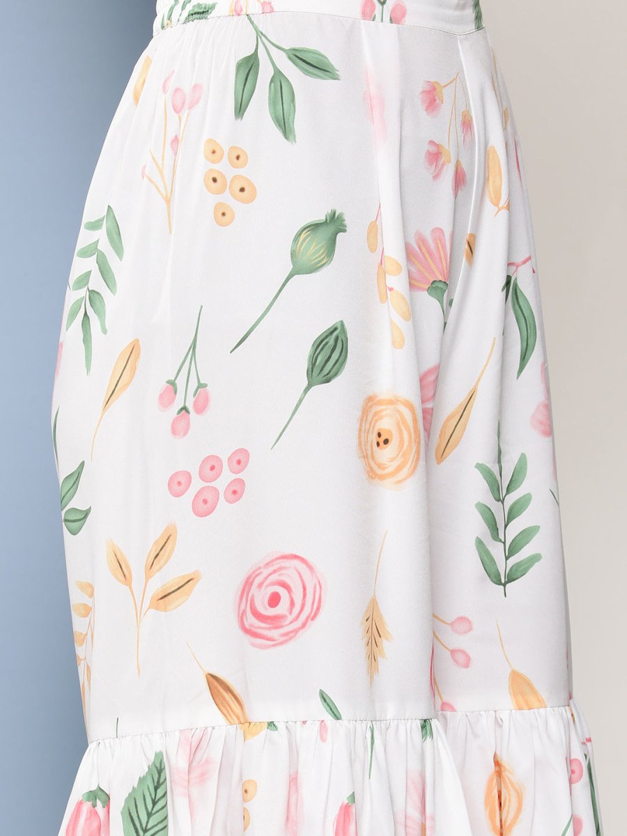 Ahalyaa Women White Floral Printed Pleated Kurta with Sharara & With Dupatta | Swadesiicart