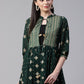 Ahalyaa Green & Golden Printed Semi-Sheer Front-Open Kediya Tunic | Swadesiicart