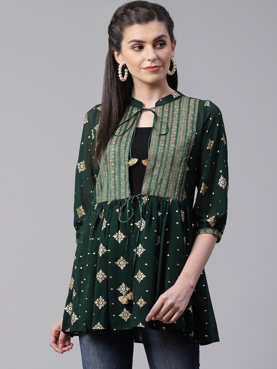 Ahalyaa Green & Golden Printed Semi-Sheer Front-Open Kediya Tunic | Swadesiicart