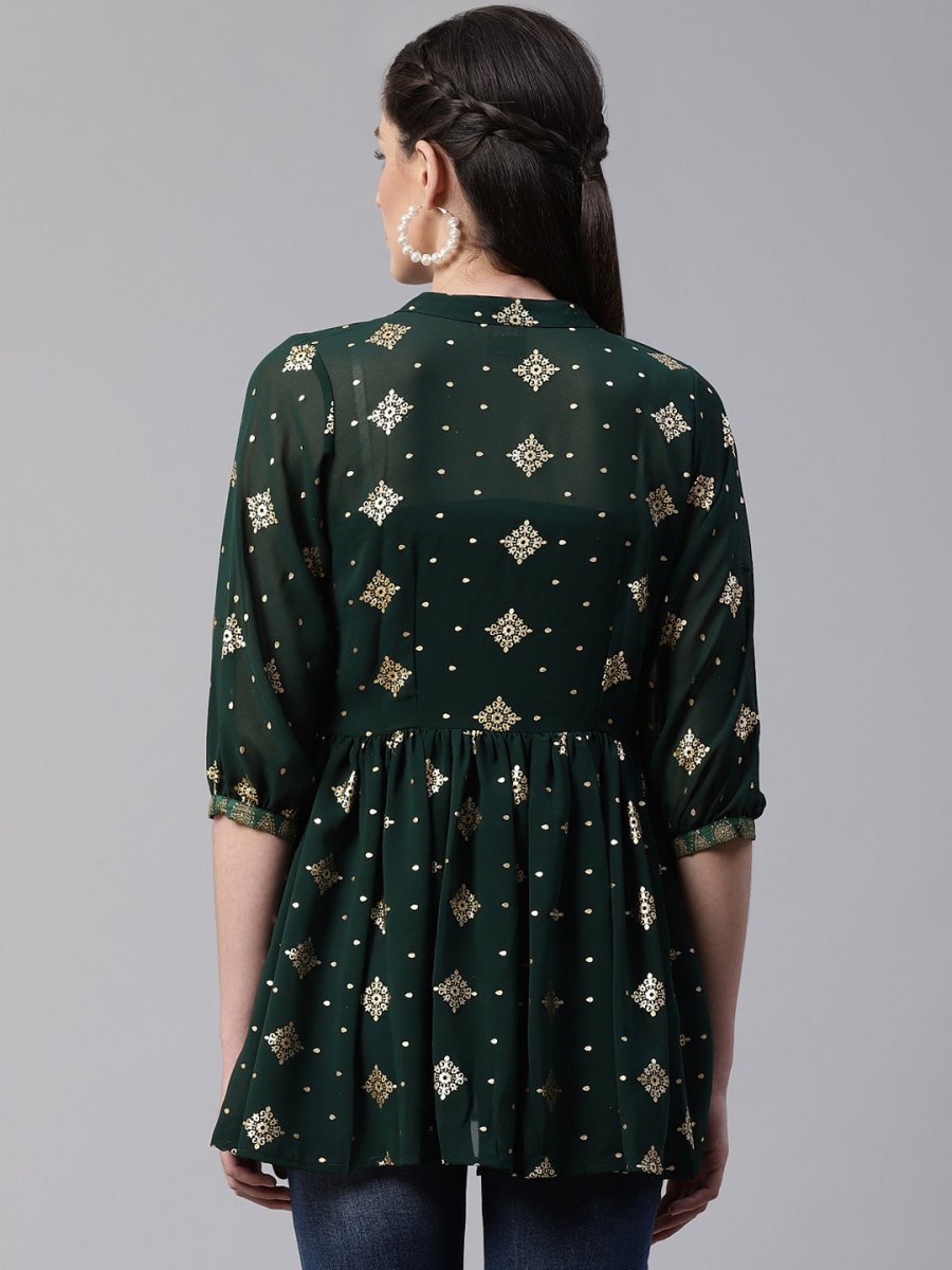 Ahalyaa Green & Golden Printed Semi-Sheer Front-Open Kediya Tunic | Swadesiicart