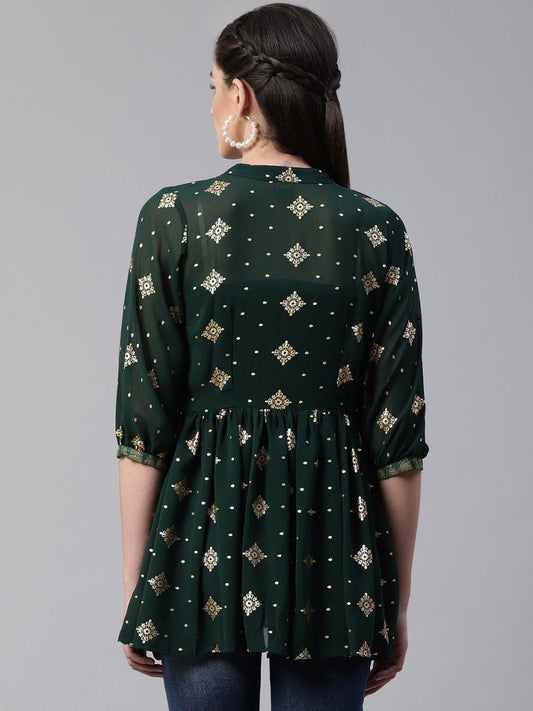 Ahalyaa Green & Golden Printed Semi-Sheer Front-Open Kediya Tunic | Swadesiicart