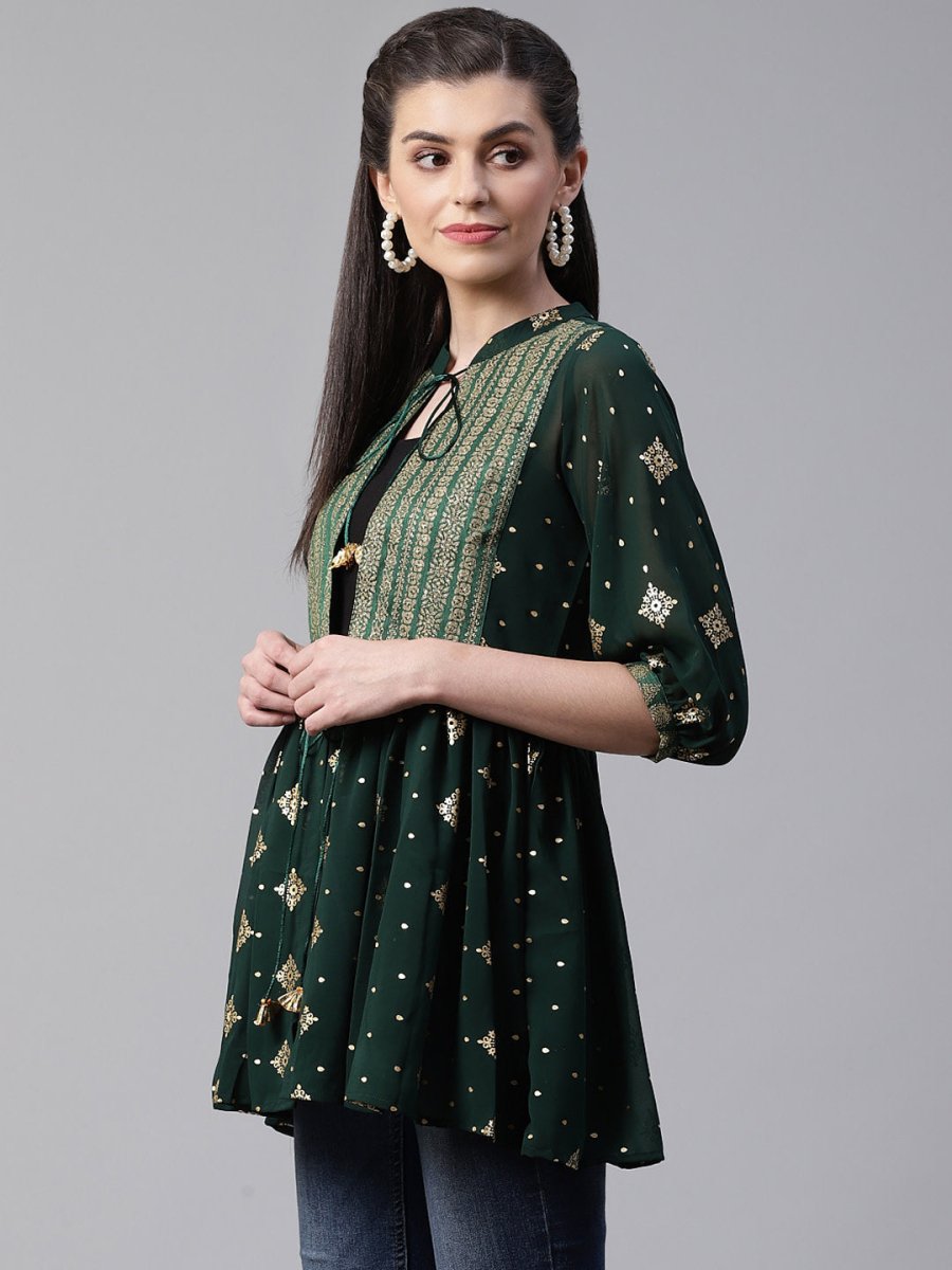 Ahalyaa Green & Golden Printed Semi-Sheer Front-Open Kediya Tunic | Swadesiicart