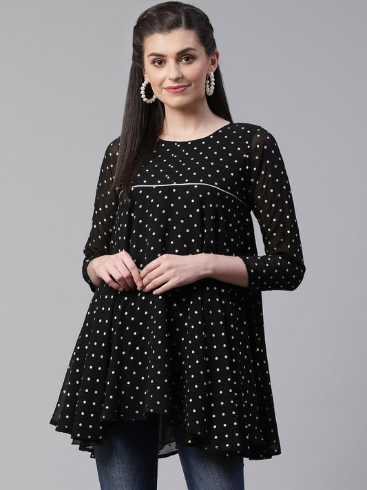 Ahalyaa Black Polka Dot Fancy Printed Tunic | Swadesiicart