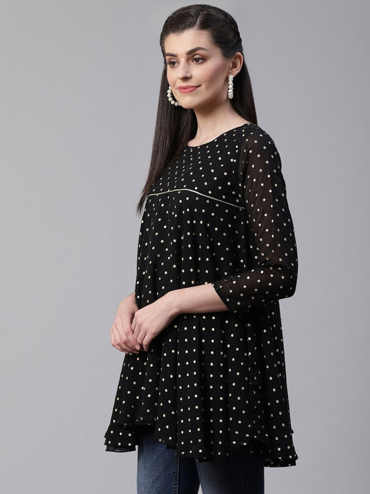 Ahalyaa Black Polka Dot Fancy Printed Tunic | Swadesiicart