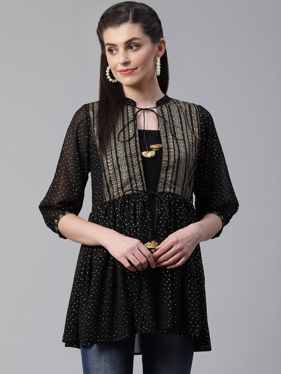 Ahalyaa Black & Golden Printed Semi-Sheer Front-Open Kediya Tunic | Swadesiicart
