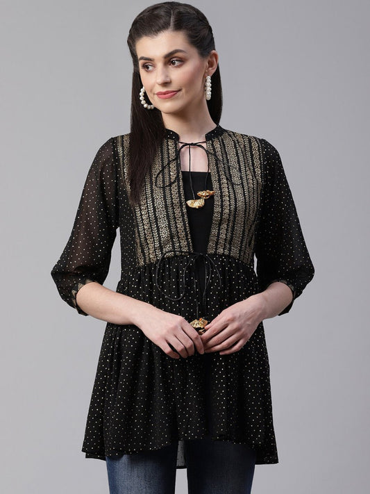 Ahalyaa Black & Golden Printed Semi-Sheer Front-Open Kediya Tunic | Swadesiicart