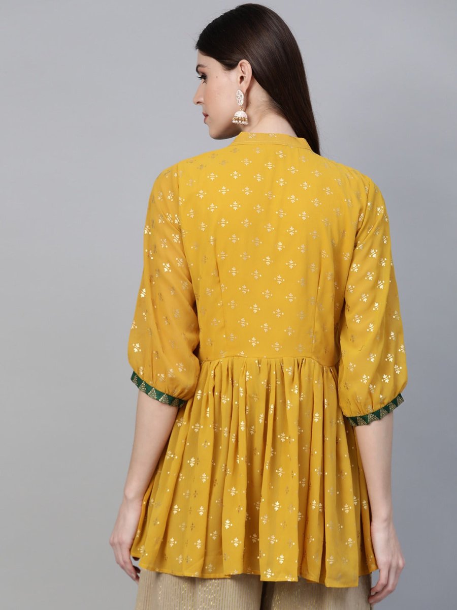 Ahalyaa Mustard Yellow & Green Printed A-Line Tunic | Swadesiicart