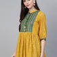 Ahalyaa Mustard Yellow & Green Printed A-Line Tunic | Swadesiicart