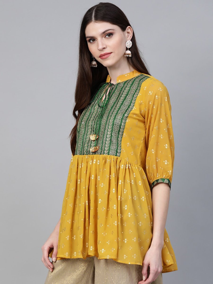 Ahalyaa Mustard Yellow & Green Printed A-Line Tunic | Swadesiicart