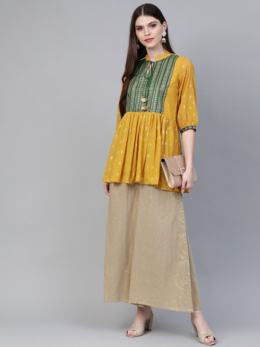 Ahalyaa Mustard Yellow & Green Printed A-Line Tunic | Swadesiicart