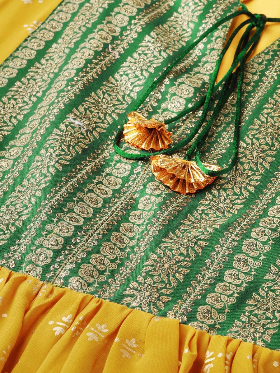Ahalyaa Mustard Yellow & Green Printed A-Line Tunic | Swadesiicart