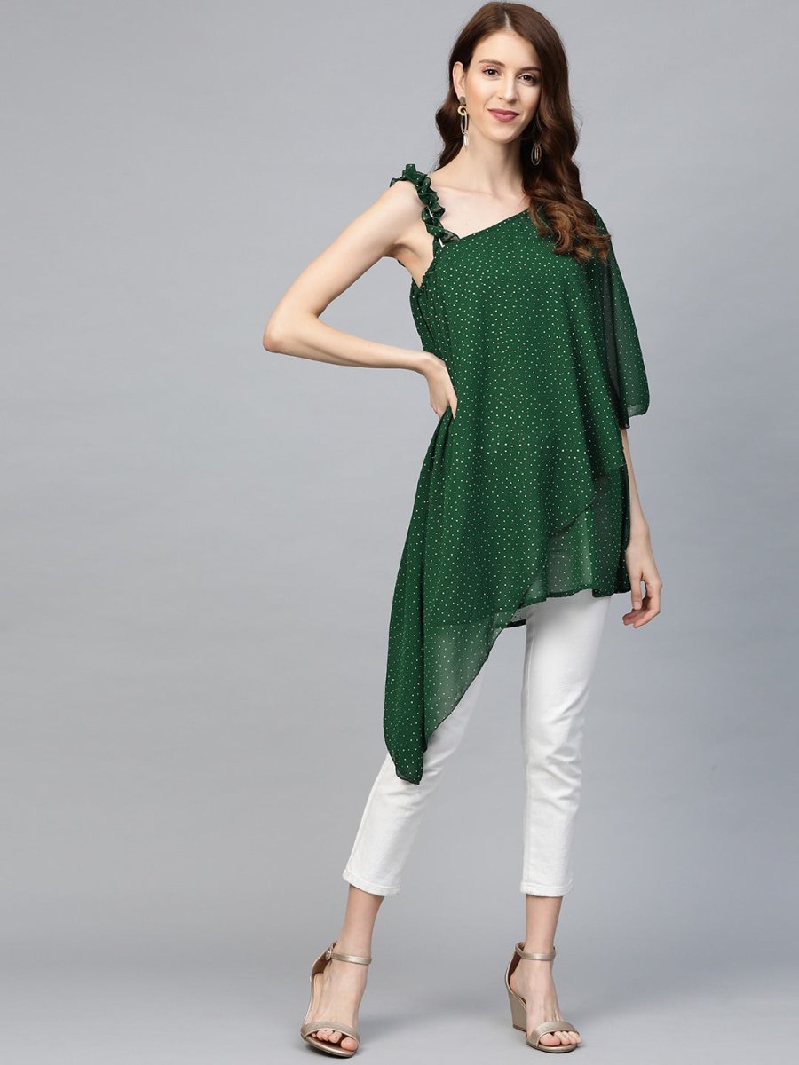 Ahalyaa Women One Shoulder Green Printed Beautiful Tunic | Swadesiicart