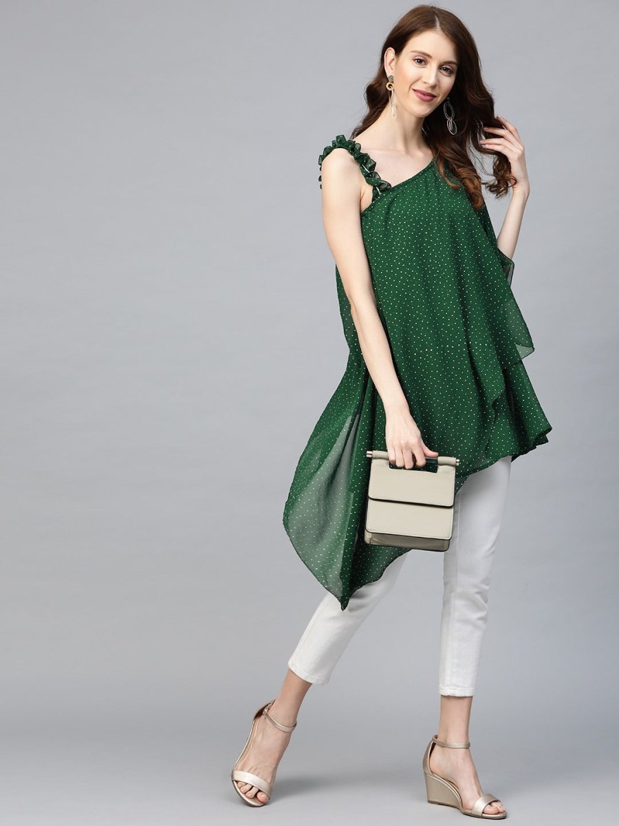 Ahalyaa Women One Shoulder Green Printed Beautiful Tunic | Swadesiicart
