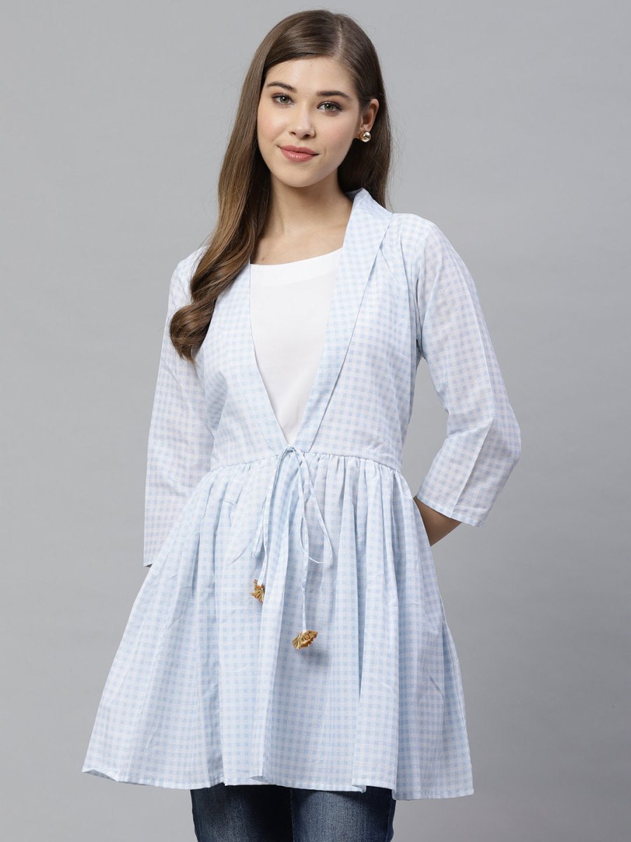 Ahalyaa Blue & White Checked Waist Tie-Up Tunic | Swadesiicart