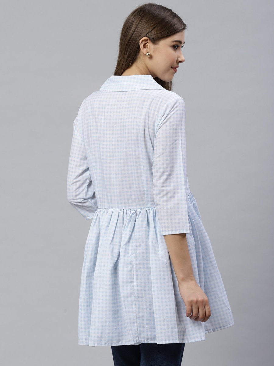 Ahalyaa Blue & White Checked Waist Tie-Up Tunic | Swadesiicart