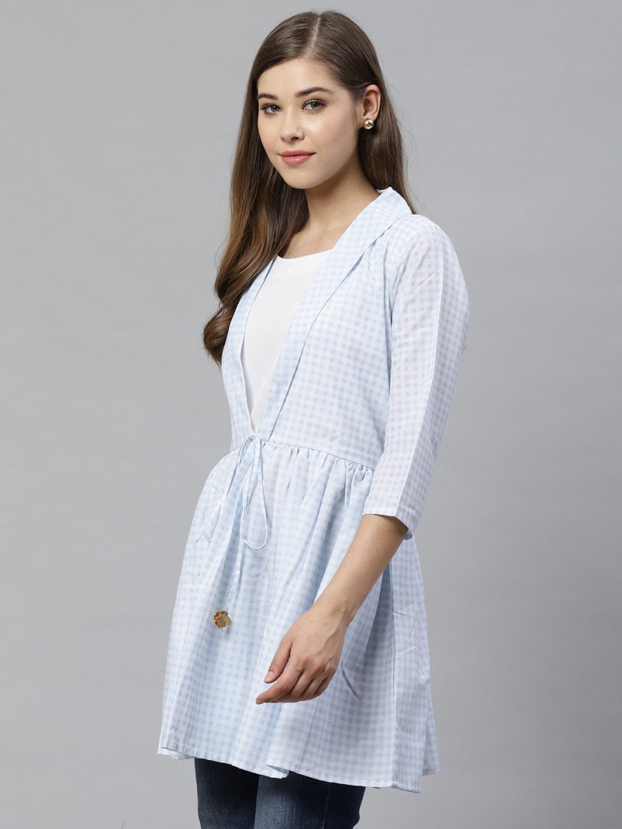 Ahalyaa Blue & White Checked Waist Tie-Up Tunic | Swadesiicart