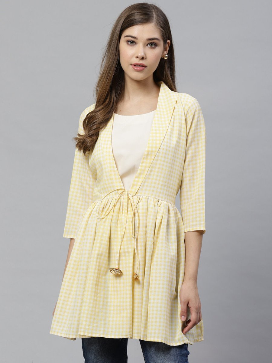 Ahalyaa Yellow & White Checked Waist Tie-Up Tunic | Swadesiicart