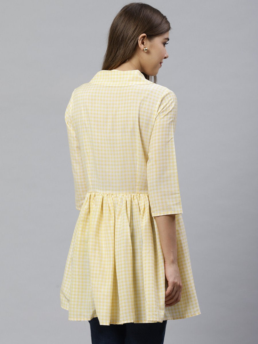 Ahalyaa Yellow & White Checked Waist Tie-Up Tunic | Swadesiicart
