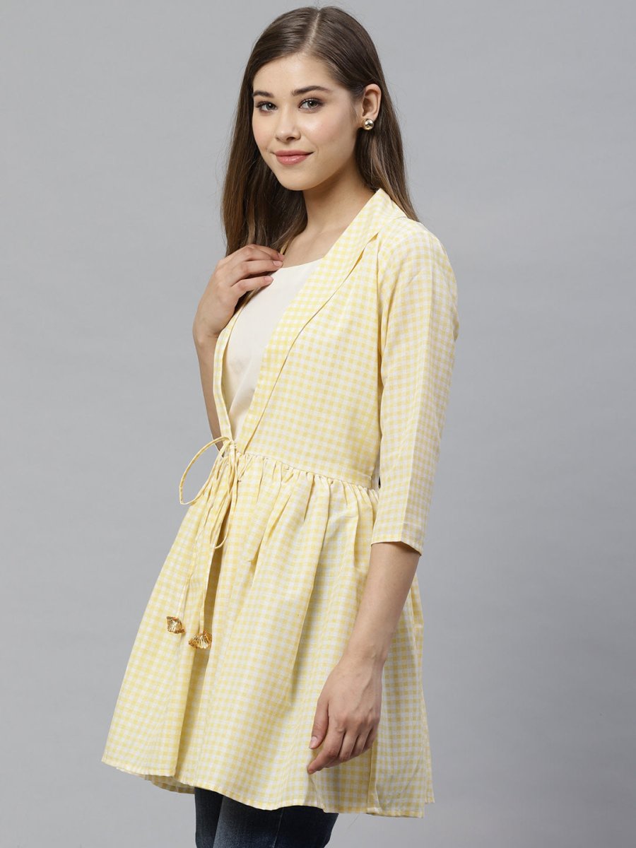 Ahalyaa Yellow & White Checked Waist Tie-Up Tunic | Swadesiicart