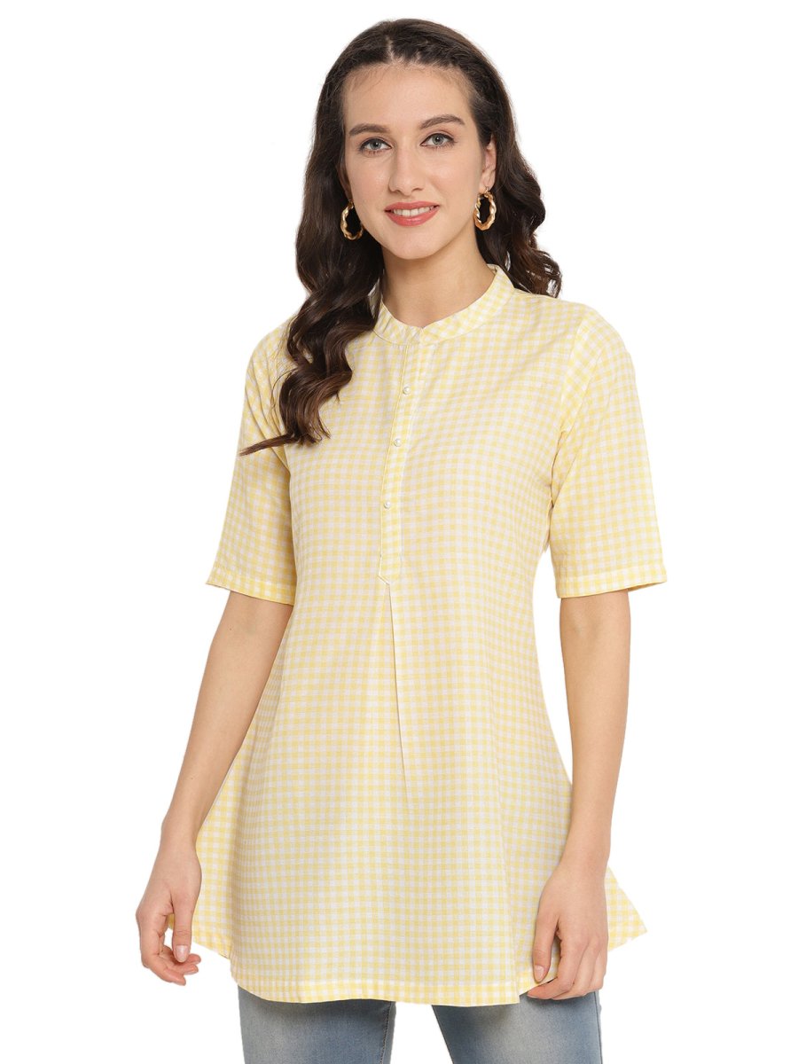Ahalyaa Checks Printed Yellow Tunic | Swadesiicart