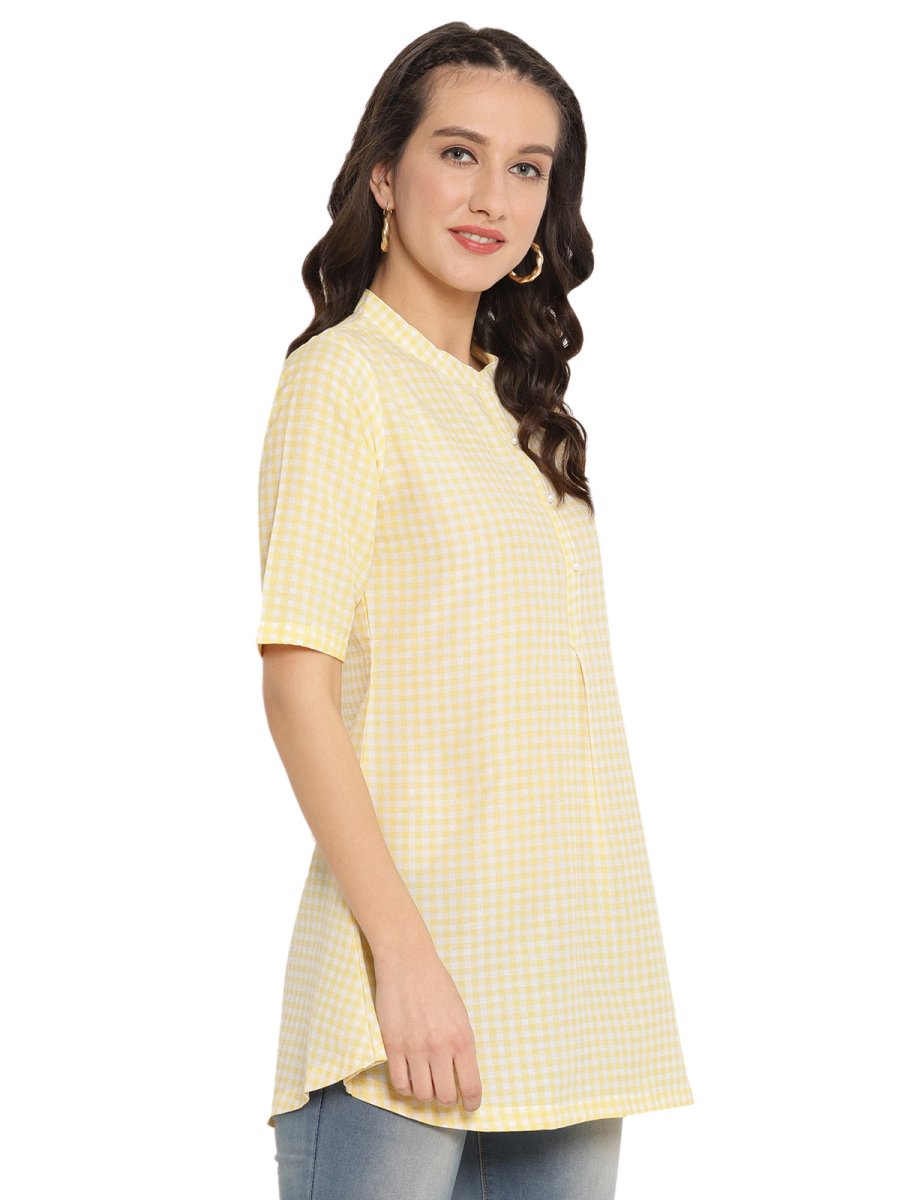 Ahalyaa Checks Printed Yellow Tunic | Swadesiicart