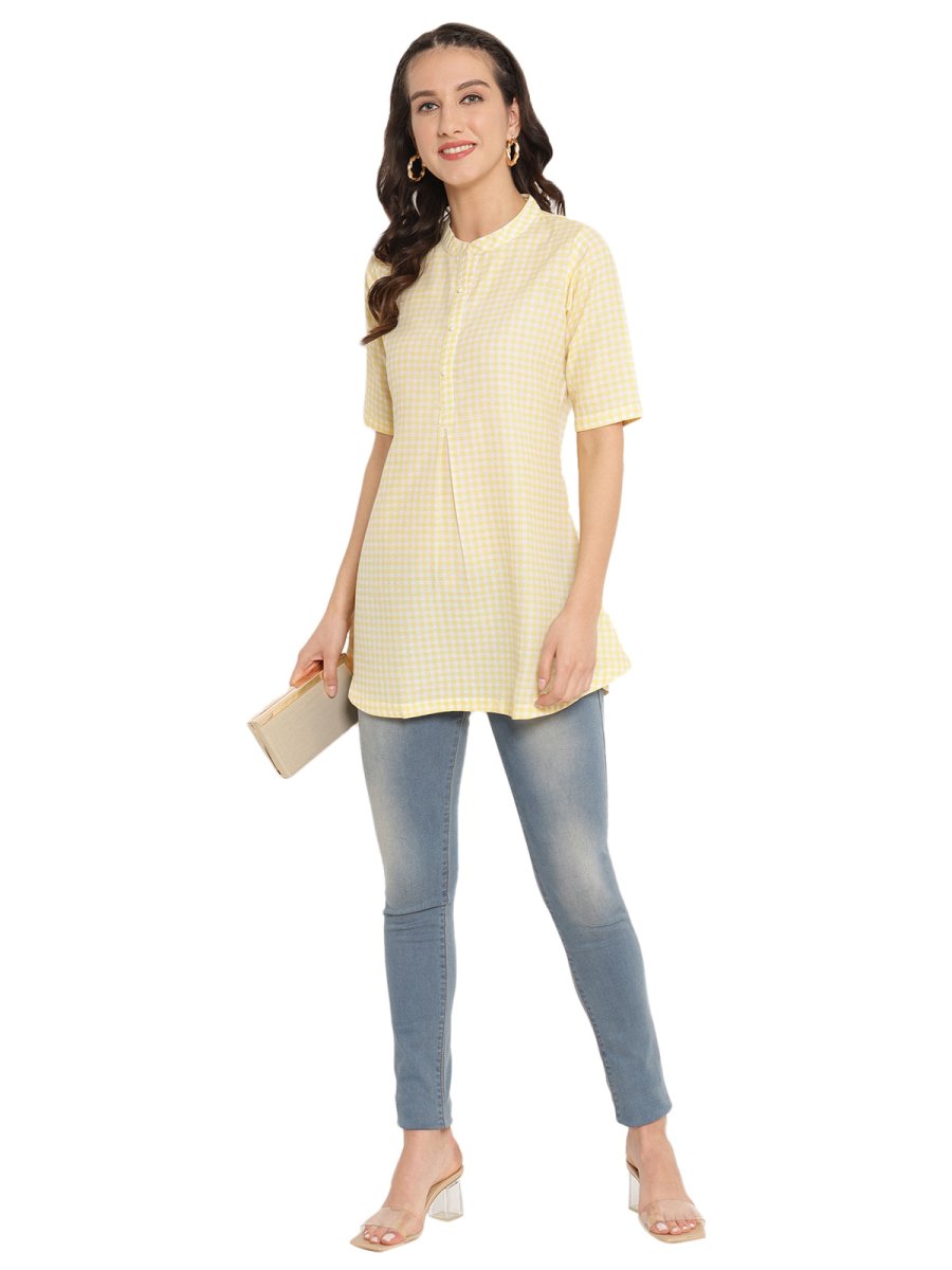 Ahalyaa Checks Printed Yellow Tunic | Swadesiicart