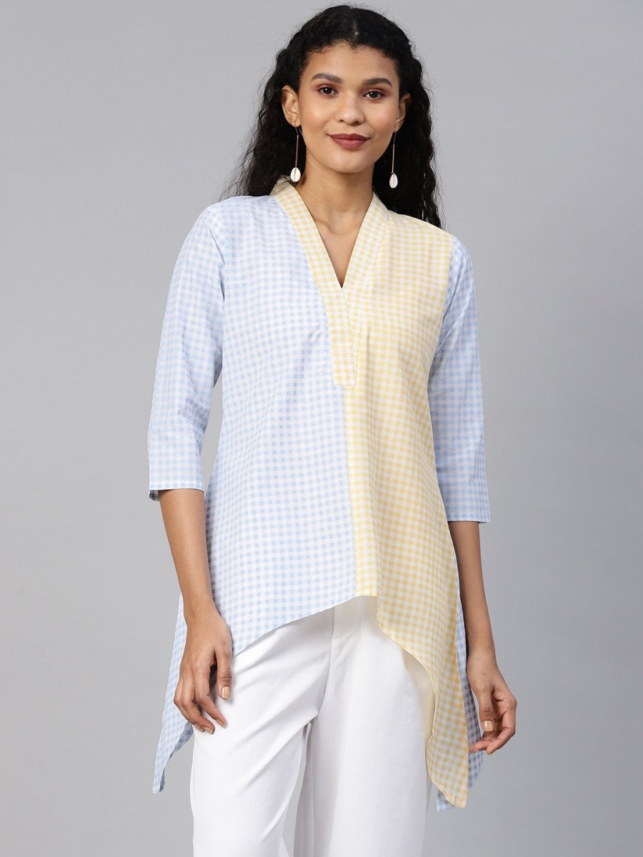 Ahalyaa Colour Blocked Printed Checks Tunic | Swadesiicart