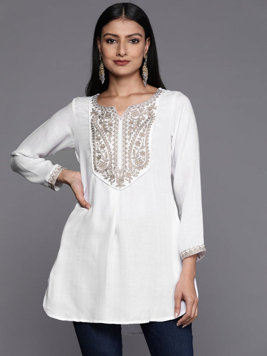 Ahalyaa White Pashmina Embroidered Tunic | Swadesiicart