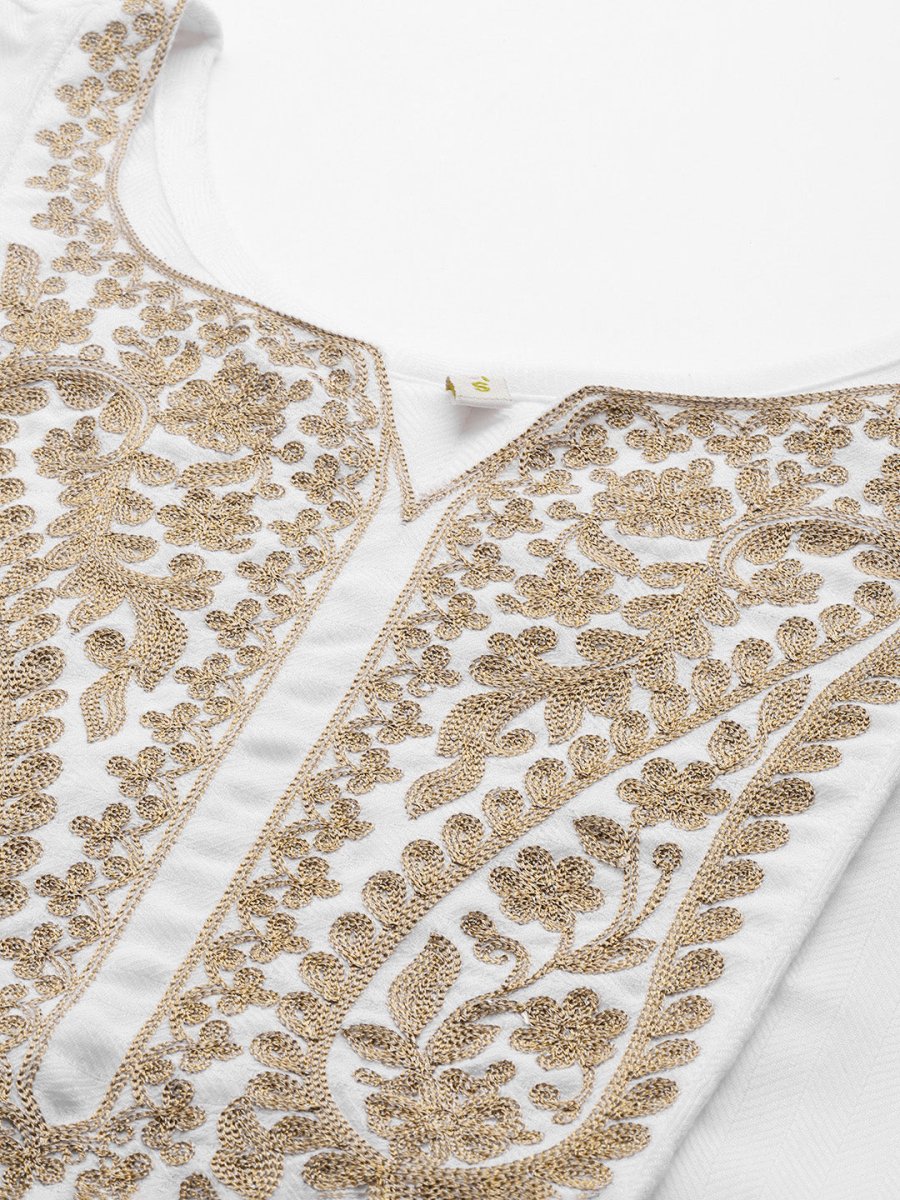 Ahalyaa White Pashmina Embroidered Tunic | Swadesiicart