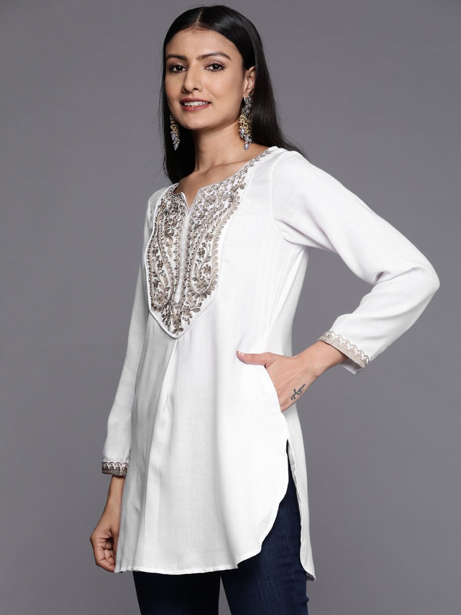 Ahalyaa White Pashmina Embroidered Tunic | Swadesiicart