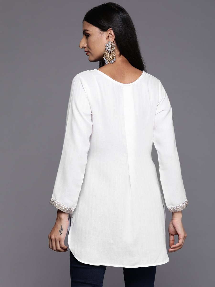 Ahalyaa White Pashmina Embroidered Tunic | Swadesiicart