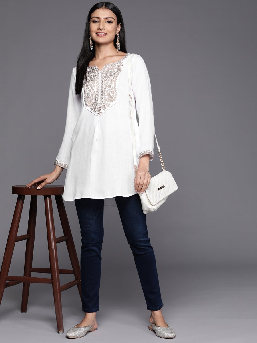 Ahalyaa White Pashmina Embroidered Tunic | Swadesiicart