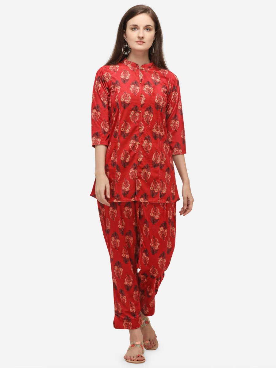 Ahalyaa Women Red Printed Velvet Kurti with Pyjamas | Swadesiicart