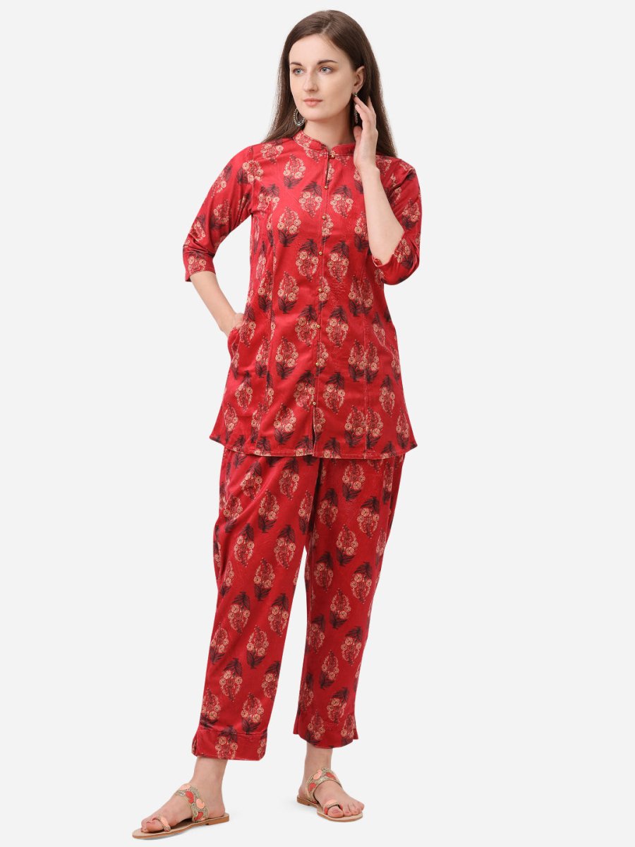 Ahalyaa Women Red Printed Velvet Kurti with Pyjamas | Swadesiicart
