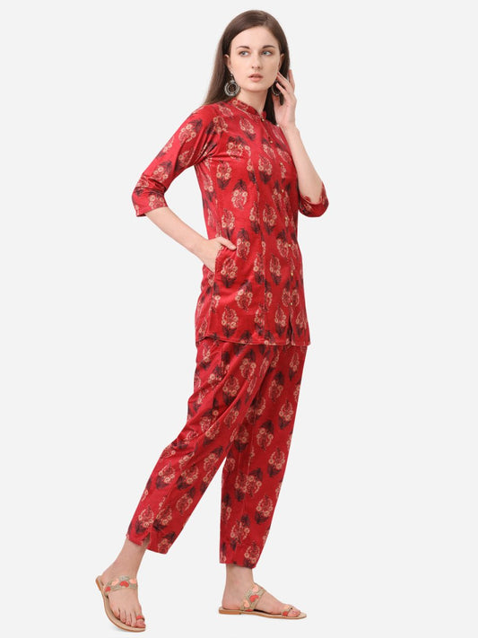 Ahalyaa Women Red Printed Velvet Kurti with Pyjamas | Swadesiicart