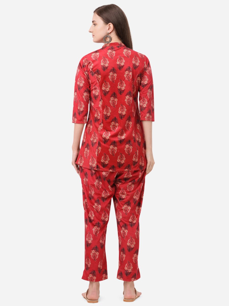 Ahalyaa Women Red Printed Velvet Kurti with Pyjamas | Swadesiicart