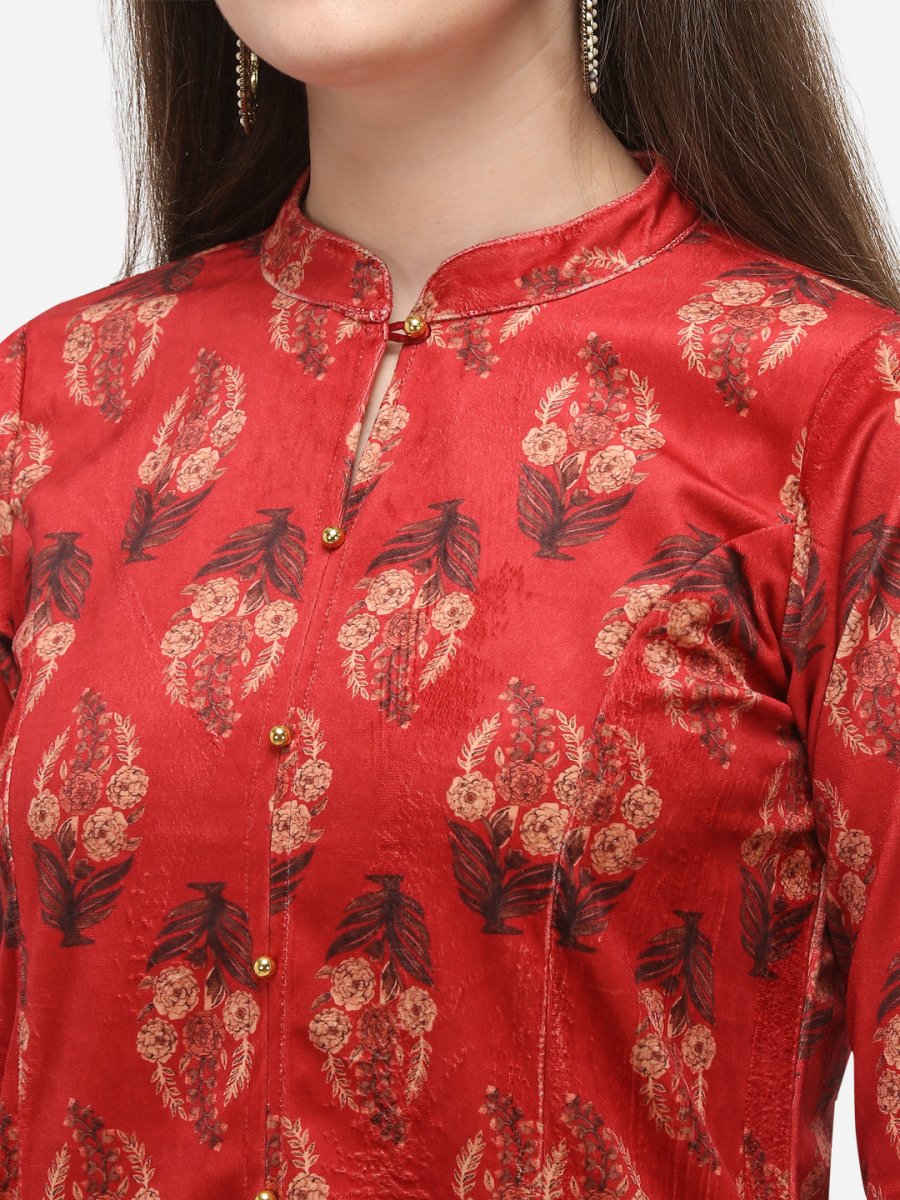 Ahalyaa Women Red Printed Velvet Kurti with Pyjamas | Swadesiicart