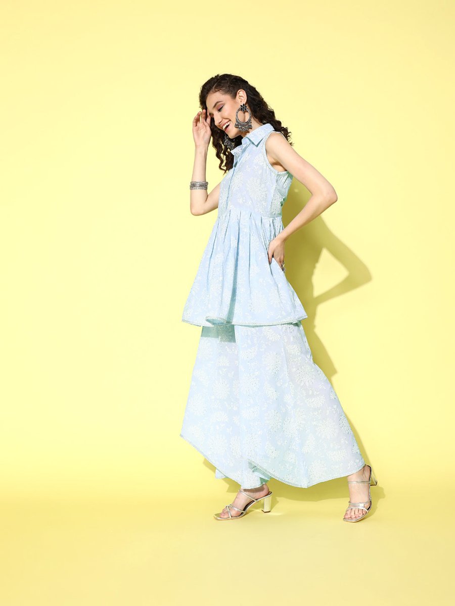 Ahalyaa Blue Pure Cotton Tunic & Palazzos Ethnic Co-Ords - Swadesiicart