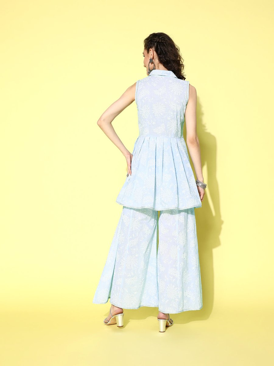 Ahalyaa Blue Pure Cotton Tunic & Palazzos Ethnic Co-Ords - Swadesiicart