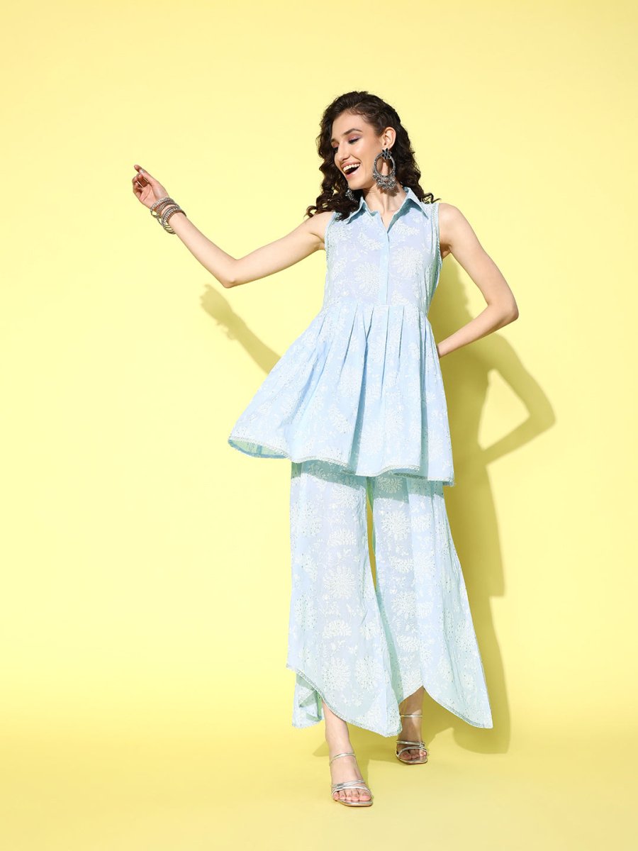 Ahalyaa Blue Pure Cotton Tunic & Palazzos Ethnic Co-Ords - Swadesiicart